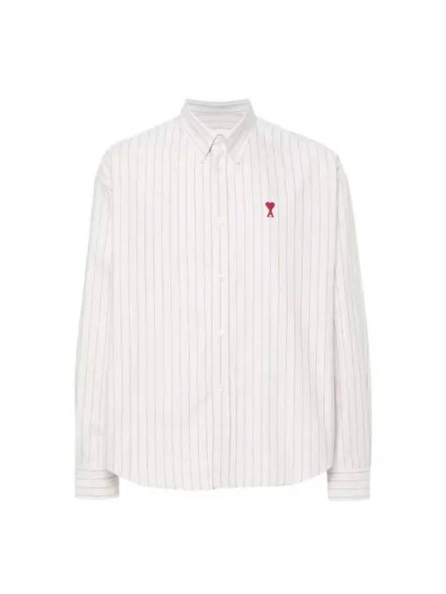 Small Heart Logo Stripe Boxy Fit Long Sleeve Shirt Chalk - AMI - BALAAN 2