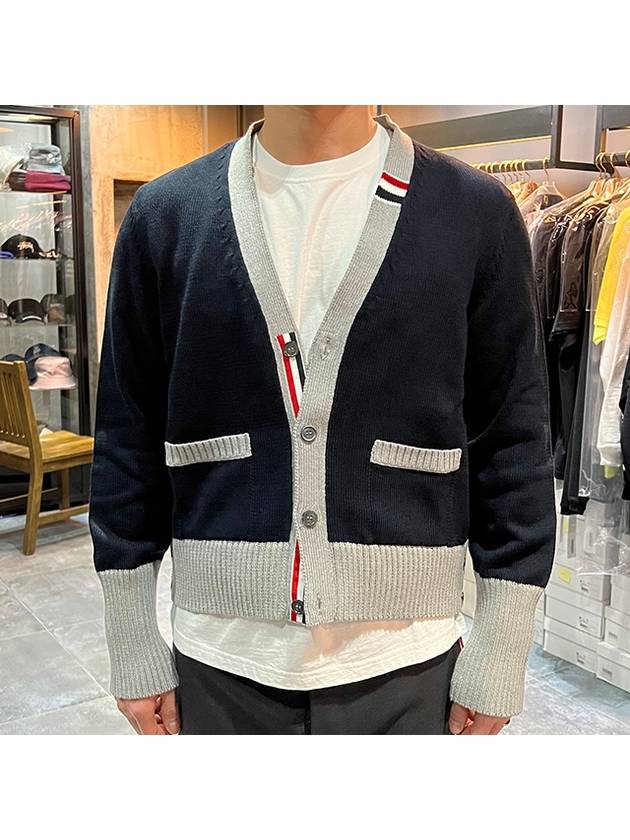 Three Stripe V Neck Cotton Cardigan Navy - THOM BROWNE - BALAAN 3