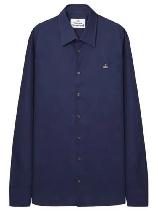 Men's Embroidered ORB Long Sleeve Shirt Navy - VIVIENNE WESTWOOD - BALAAN 1