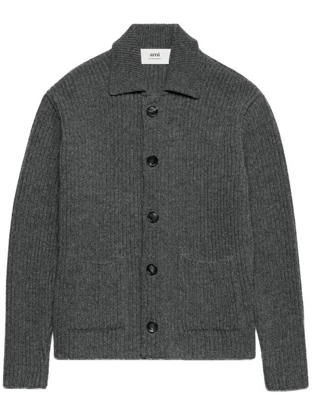 Shetland Ribbed Virgin Wool Cardigan Grey - AMI - BALAAN 1