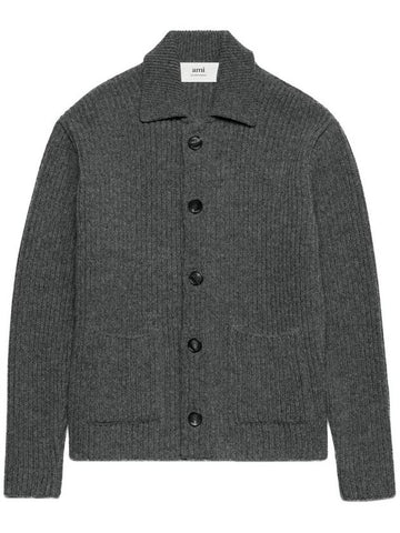 Shetland Ribbed Virgin Wool Cardigan Grey - AMI - BALAAN 1