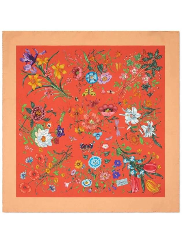 Flora Print Silk Carré Scarf Orange - GUCCI - BALAAN 3