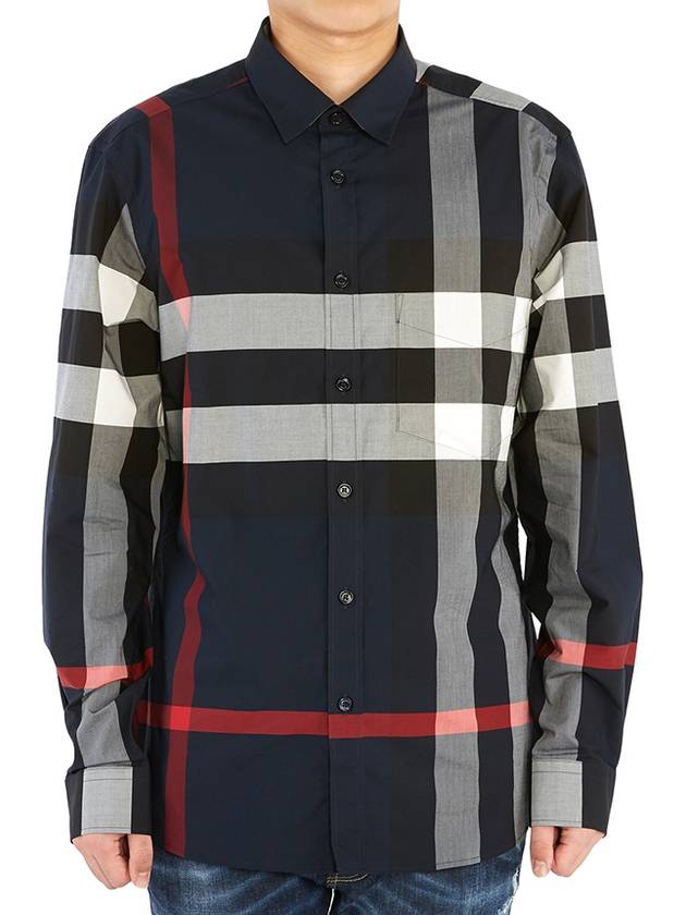 Men's Checked Stretch Cotton Poplin Long Sleeve Shirt Navy - BURBERRY - BALAAN 4