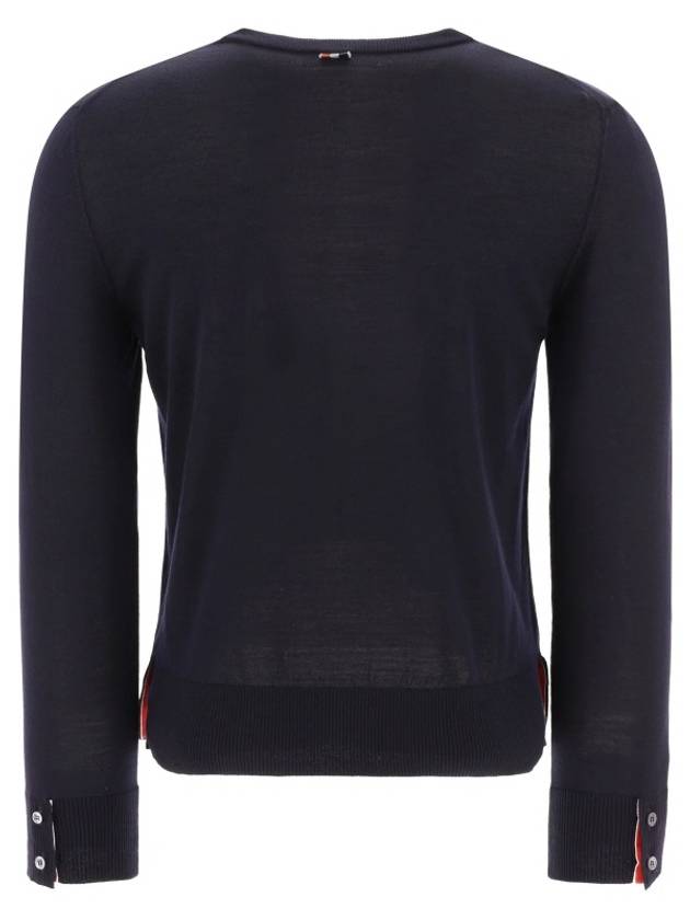 Intarsia Stitch Crew Neck Merino Wool Knit Top Navy - THOM BROWNE - BALAAN 3