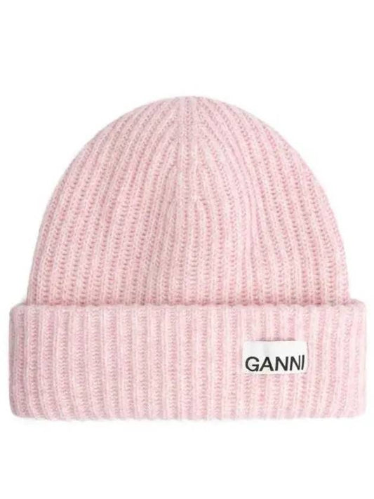 Logo Patch Knit Beanie Pink - GANNI - BALAAN 2