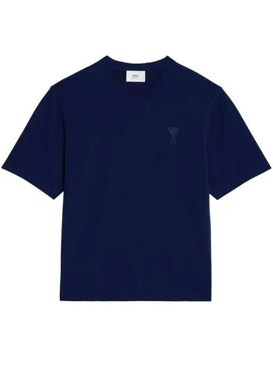 Heart Logo Cotton Jersey Short Sleeve T-Shirt Navy - AMI - BALAAN 1