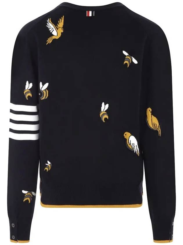 Men's Merino Bird Bee 4 Bar V-Neck Merino Cotton Cardigan Navy - THOM BROWNE - BALAAN 4