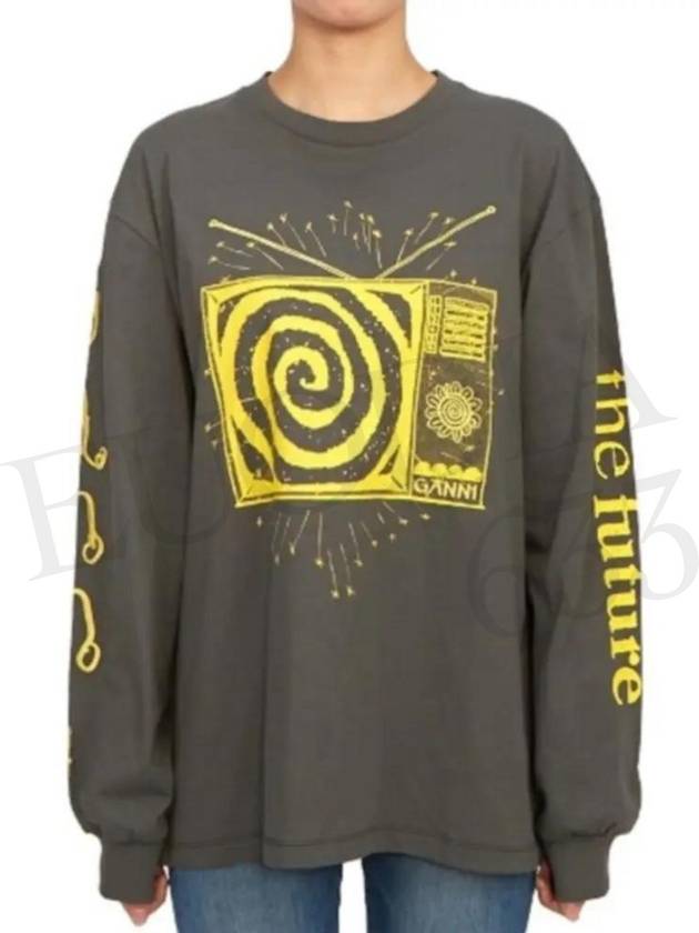 Graphic Print Long Sleeve T-Shirt Grey - GANNI - BALAAN 8