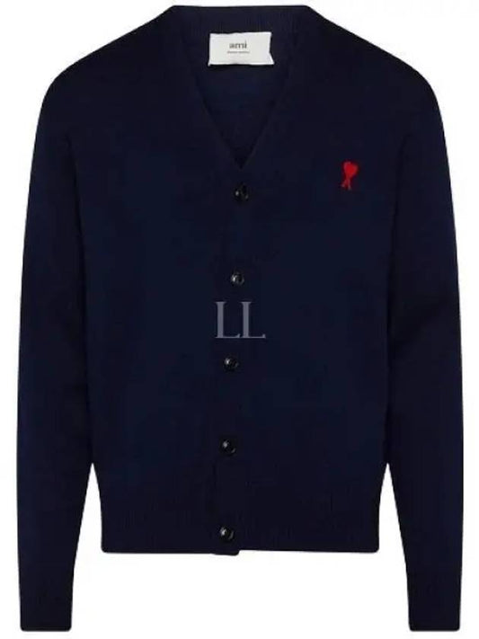 Red Heart Logo Merino Wool Cardigan Navy - AMI - BALAAN 2