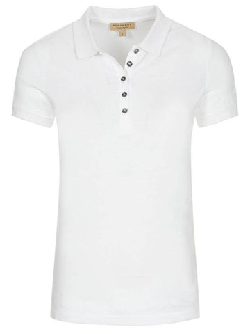 Women's Check Trim PK Shirt White - BURBERRY - BALAAN.