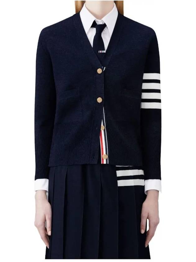 Milano Stitch 4 Bar Classic V Neck Fine Merino Wool Cardigan Navy - THOM BROWNE - BALAAN 2