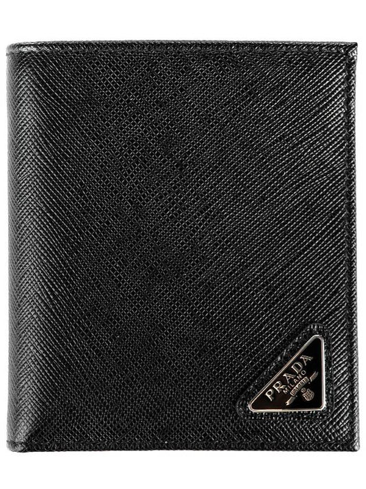 Triangular Logo Saffiano Half Wallet Black - PRADA - BALAAN 2