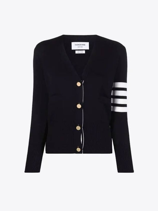 Milano Stitch 4 Bar Classic V Neck Fine Merino Wool Cardigan Navy - THOM BROWNE - BALAAN 2