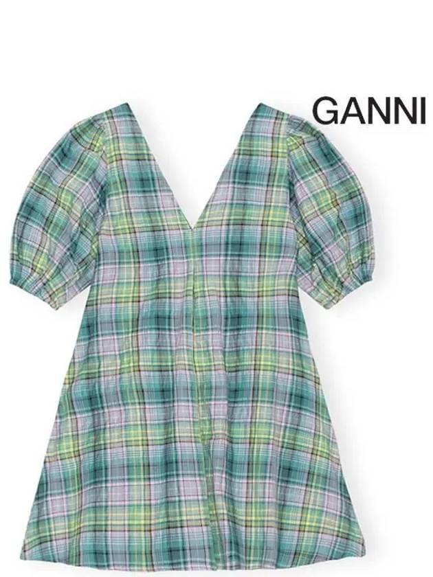 Check V Neck Seersucker Short Dress Green - GANNI - BALAAN 4