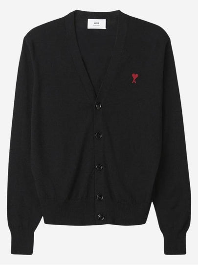 Red Heart Logo Merino Wool Cardigan Black - AMI - BALAAN 2