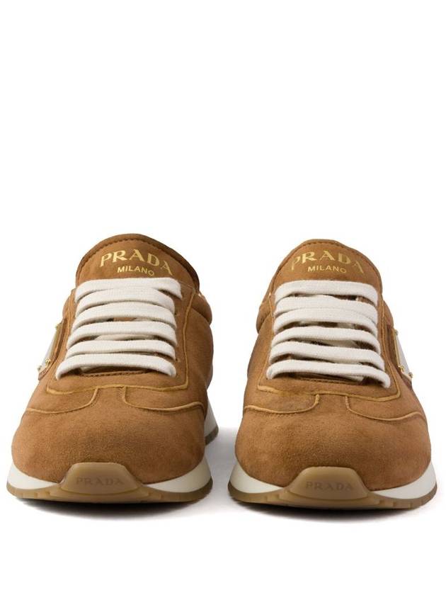 Enamel Logo Suede Low Top Sneakers Brown - PRADA - BALAAN 6