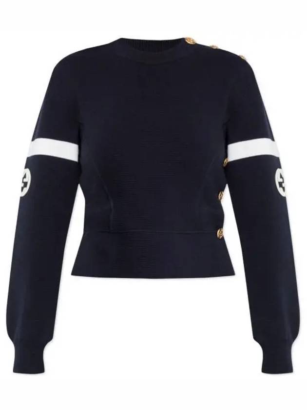 Logo Wool Long Sleeve T-Shirt Navy - GUCCI - BALAAN 2