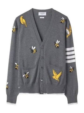 Bird Bee intarsia diagonal V neck cardigan medium gray - THOM BROWNE - BALAAN 1