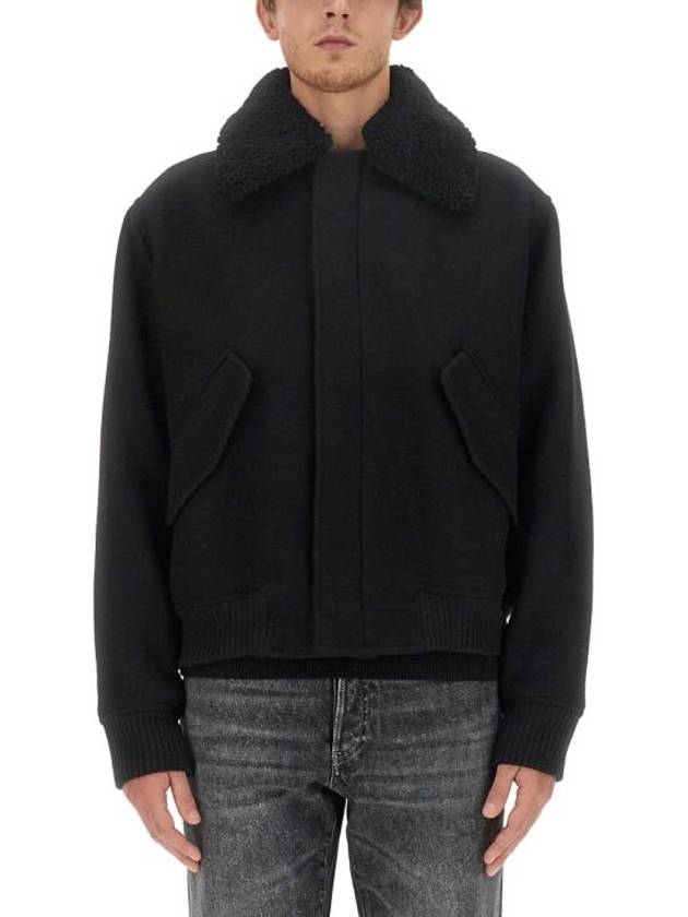 Shearling Collar Wool Zip-Up Jacket Black - AMI - BALAAN 8