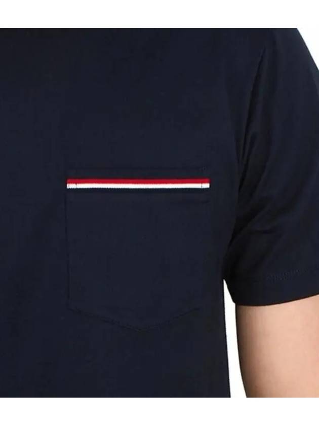 Men's Medium Weight Jersey Tipped Pocket Crewneck Short Short Sleeve T-Shirt Navy - THOM BROWNE - BALAAN 3