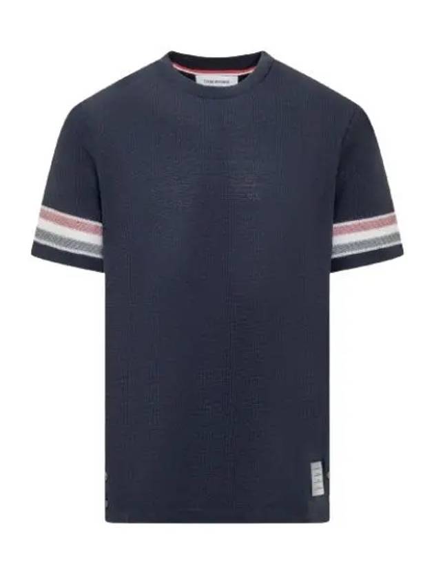 Textured Cotton Stripe Short Sleeve T-Shirt Navy - THOM BROWNE - BALAAN 2