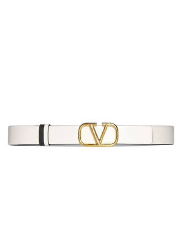 Gold V Logo Reversible Leather Belt Black Ivory - VALENTINO - BALAAN 1