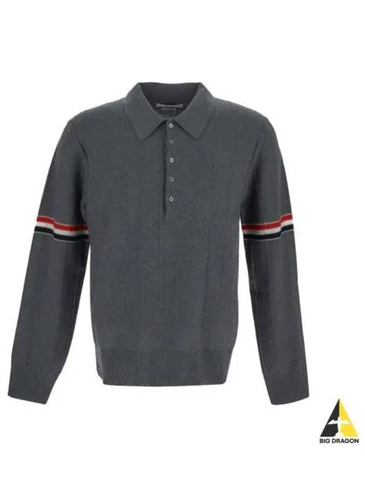 Striped Virgin Wool Long Sleeve Polo Shirt Grey - THOM BROWNE - BALAAN 2