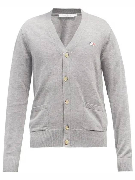 Maison Kitsune FOX Tricolor Fox Patch Vneck Gray Wool Cardigan - MAISON KITSUNE - BALAAN 1