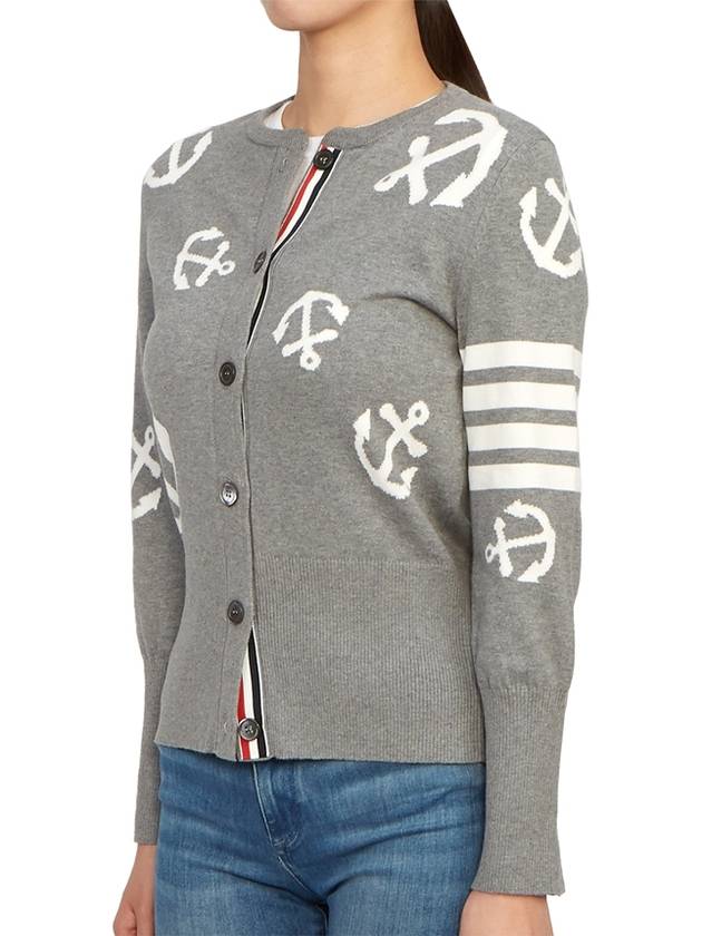 Cotton Anchor Intarsia 4-Bar Crewneck Cardigan Grey - THOM BROWNE - BALAAN 4