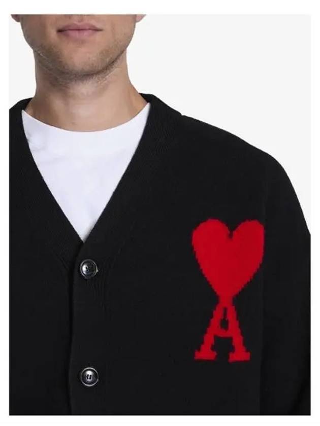 Intarsia Big Heart Logo Oversized Virgin Wool Cardigan Black - AMI - BALAAN 4