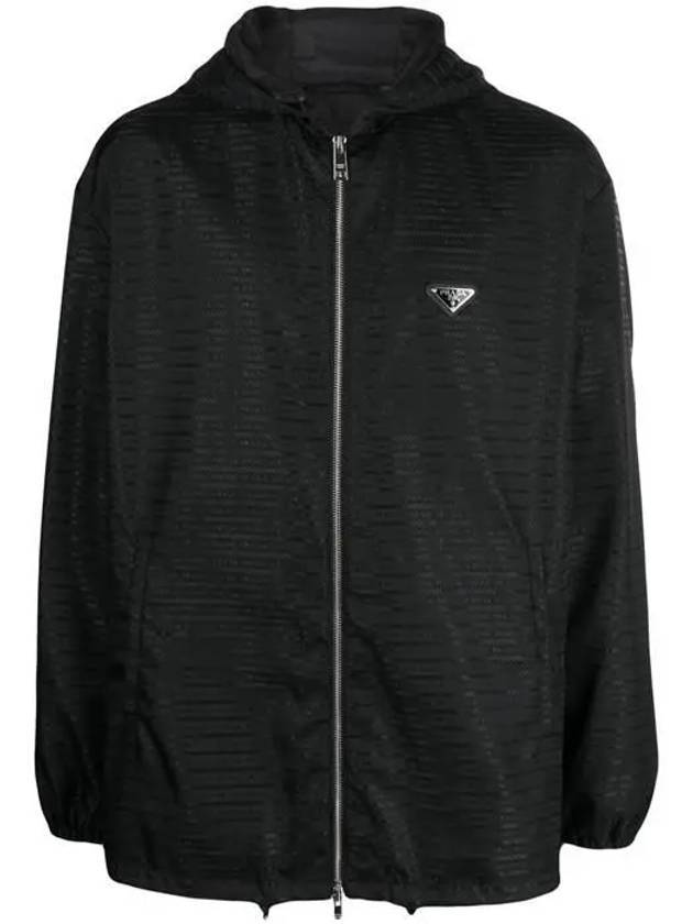triangle logo nylon hooded jacket black - PRADA - BALAAN.