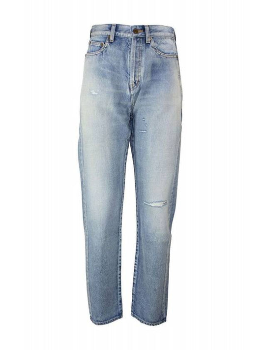 Women's Destroyed Washed Denim Jeans Light Blue - SAINT LAURENT - BALAAN 1