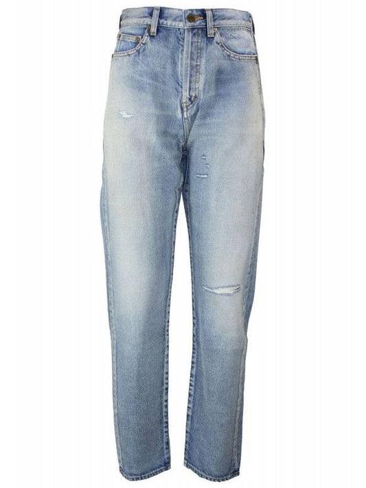 Women's Destroyed Washed Denim Jeans Light Blue - SAINT LAURENT - BALAAN.