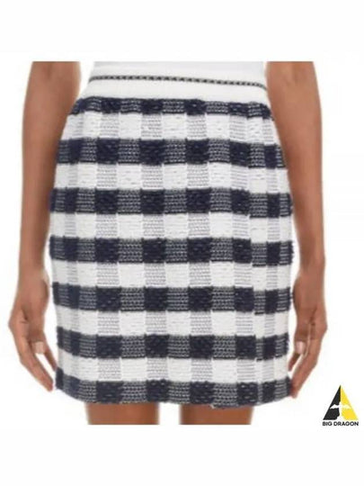 Gingham Inlay Stripe Side Pleat Skirt Navy - THOM BROWNE - BALAAN 2