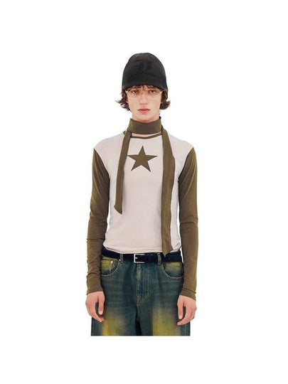 Strap Scarf Star Long Sleeve T-Shirt Khaki - LECYTO - BALAAN 2