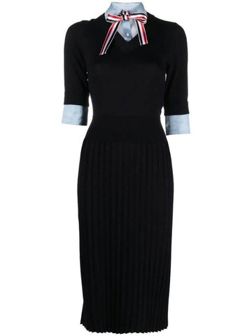 Ribbon Tie Layered Knit Midi Dress Black - THOM BROWNE - BALAAN 1