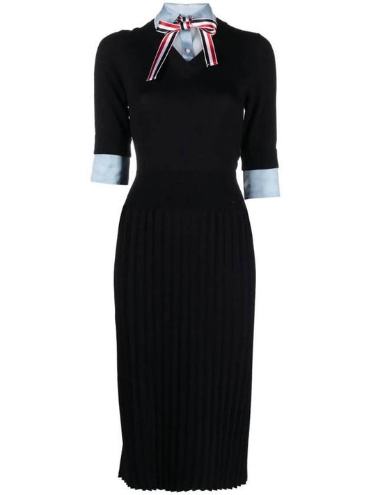 Ribbon Tie Layered Knit Midi Dress Navy - THOM BROWNE - BALAAN 1