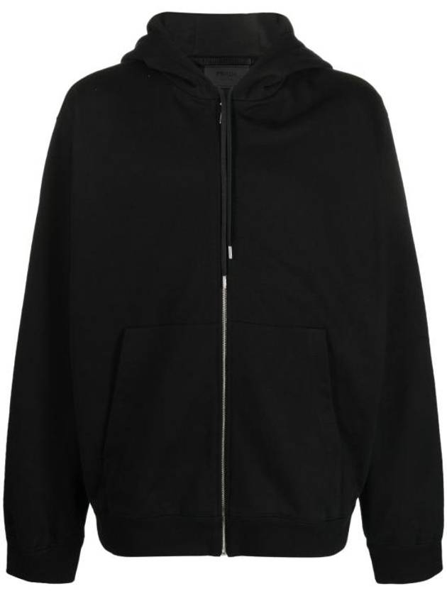 Back Embroidery Logo Cotton Hooded Zip-up Black - PRADA - BALAAN 1