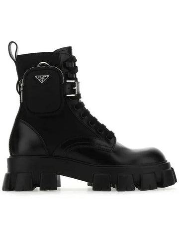 Monolith Brushed Leather Nylon Combat Boots Black - PRADA - BALAAN 1