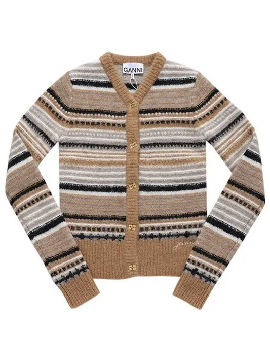 Striped Soft Wool Knit Cardigan Brown - GANNI - BALAAN 2