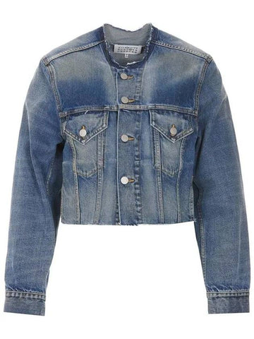 Women's Collarless Cropped Denim Jacket Blue - MAISON MARGIELA - BALAAN 1