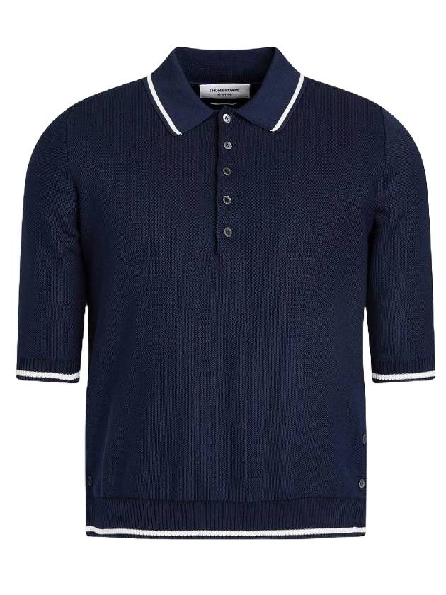 Contrast Trim Silk Cotton Polo Shirt Navy - THOM BROWNE - BALAAN.