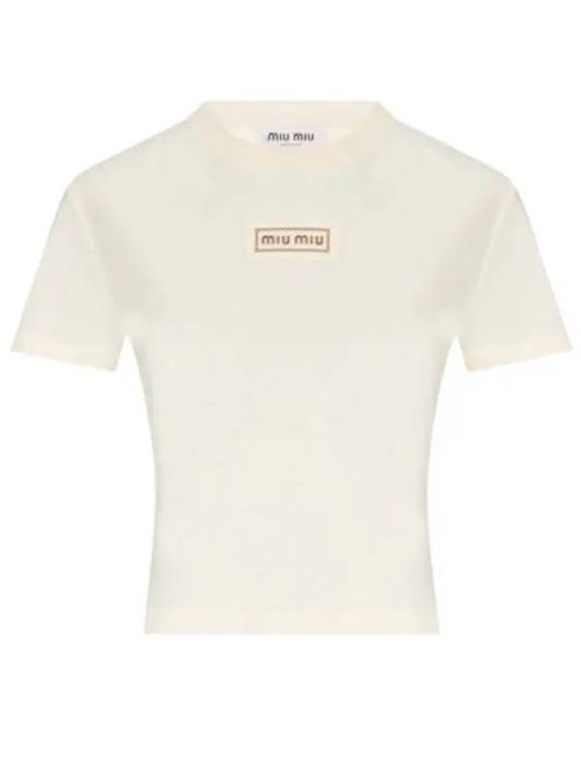 Logo Patch Crop Cotton Short Sleeve T-shirt Light Beige - MIU MIU - BALAAN 2