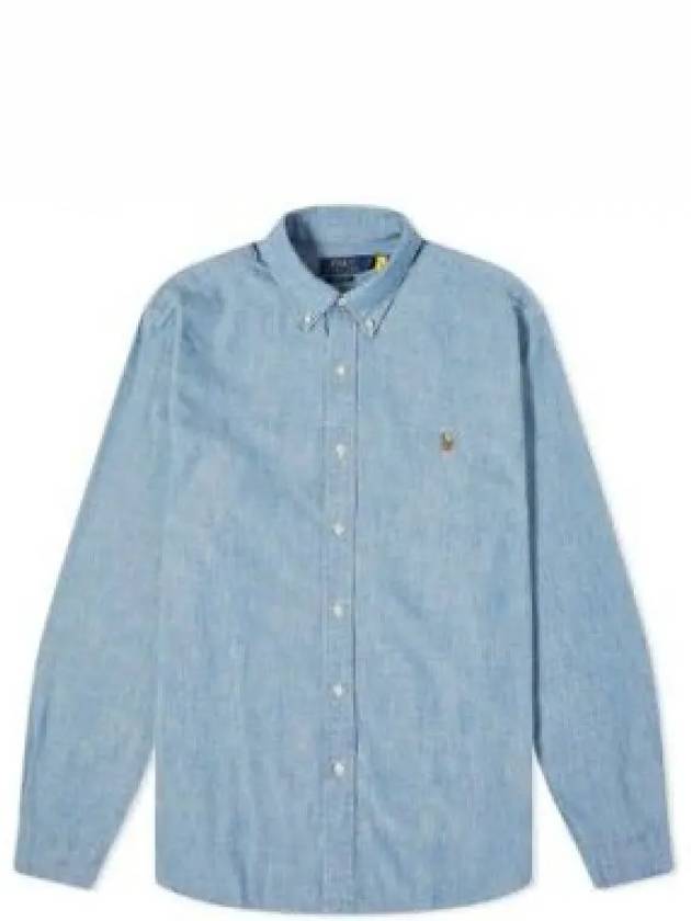 Men's Embroidered Logo Custom Fit Chambray Long Sleeve Shirt Blue - POLO RALPH LAUREN - BALAAN 2