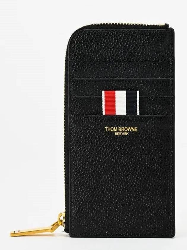 Stripe Zip Around Pebble Grain Leather Card Wallet Black - THOM BROWNE - BALAAN 2