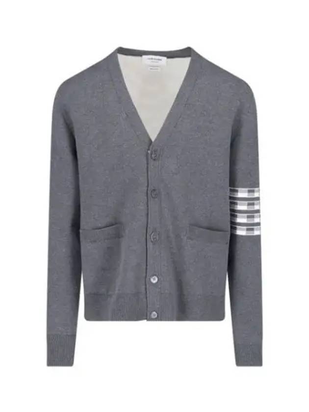 4-Bar V-Neck Hector Jacquard Cotton Cardigan Grey - THOM BROWNE - BALAAN 2