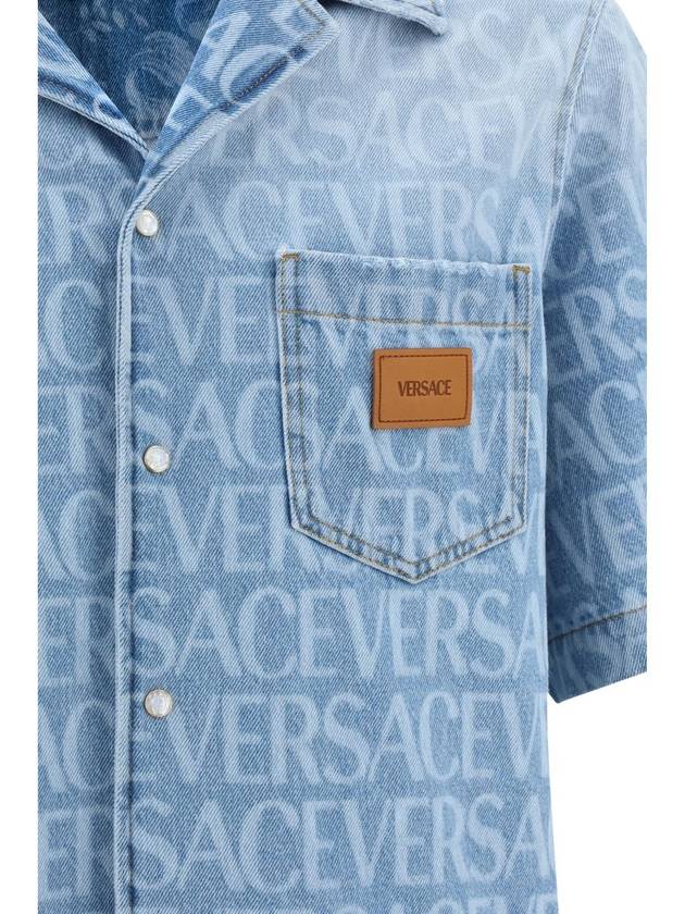 Allover Logo Denim Cotton Short Sleeve Shirt Blue - VERSACE - BALAAN 4