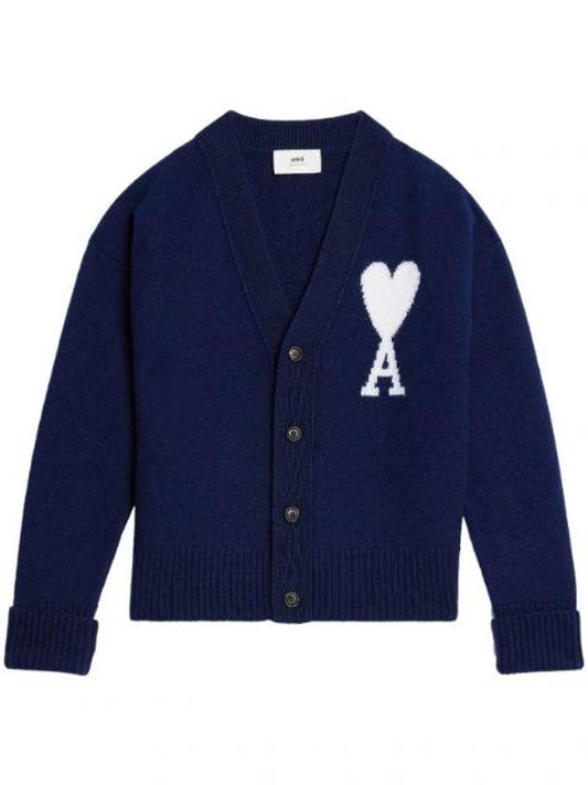 Big Heart Logo Wool Cardigan Navy - AMI - BALAAN 1