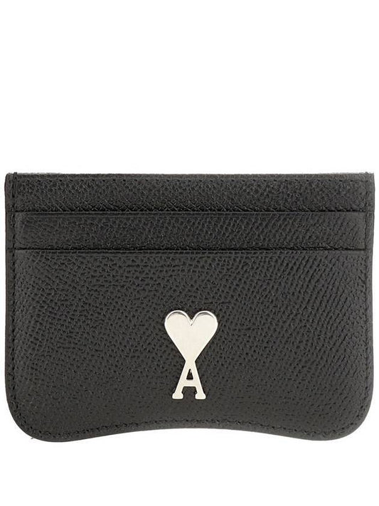 Silver Tone Heart Logo Plaque Leather Card Wallet Black - AMI - BALAAN 1