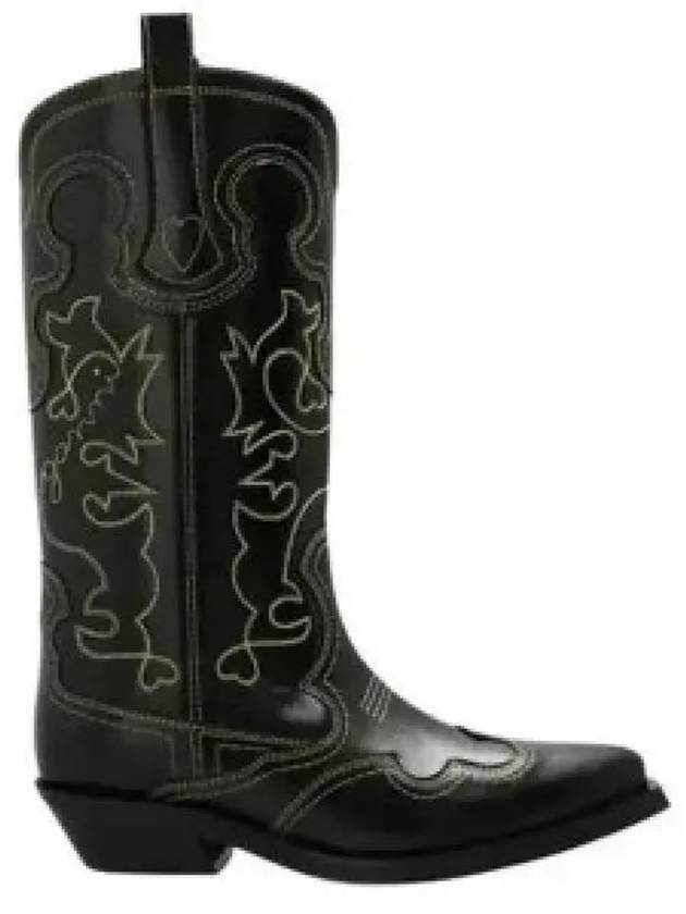 Embroidered Western Leather Middle Boots Black - GANNI - BALAAN 2